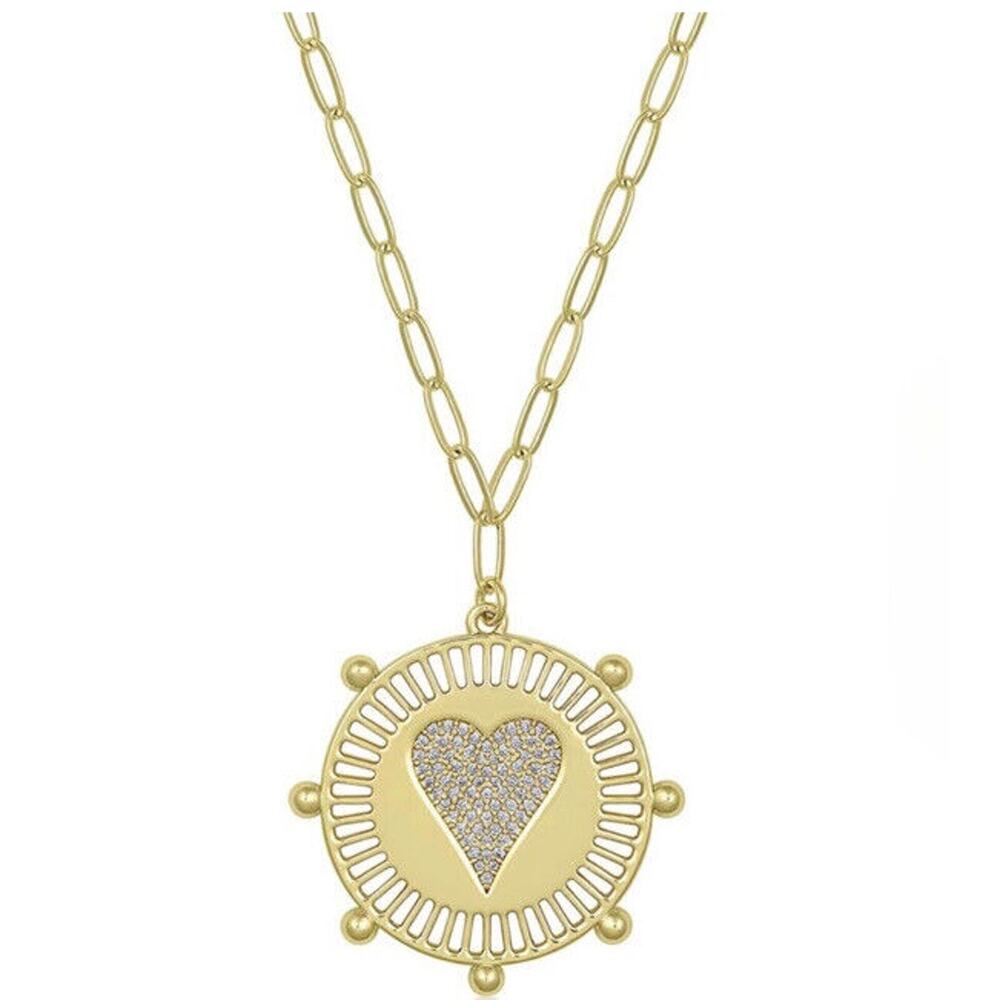 Jennifer Miller Yellow Gold Plated Pave Heart Medallion Necklace Paperclip Chain - Picture 1 of 4